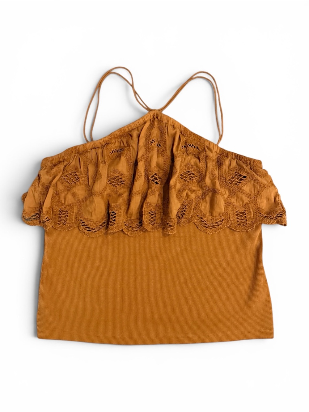 Anthropologie Ribbed Ruffle Halter Tank Top XL Camel Brown Boho Lace Trim